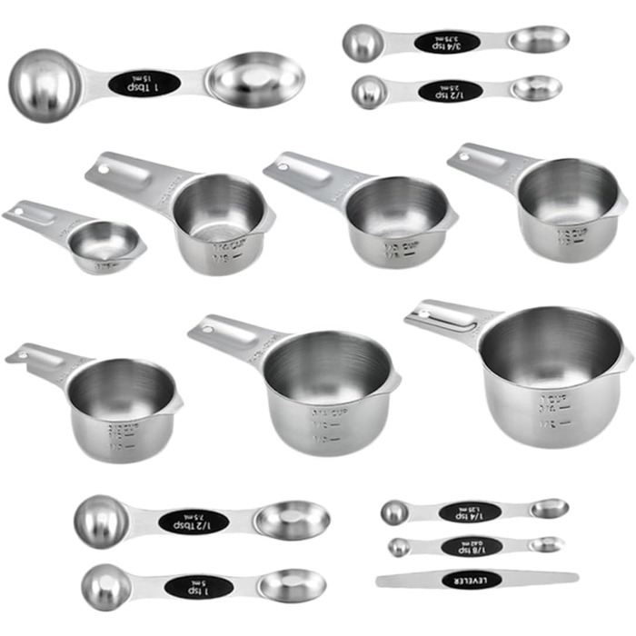 15-Piece Stainless Steel Measuring Cup and Spoon Set - Precise Measuring Tools for Baking, Nesting Design, Storage Pouch