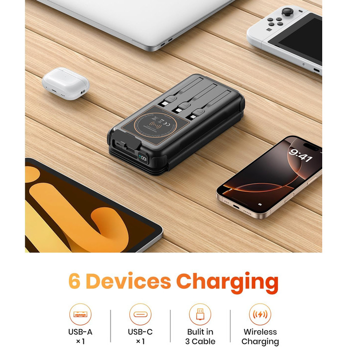 Power Bank Bilivein 25000mAh з сонячною зарядкою, 3 кабелі, 20W, LED, USB-C, для активного відпочинку