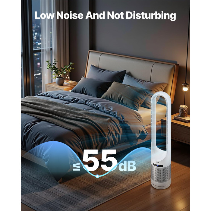 Турбо-вентилятор VEVOR без лопатей з HEPA-фільтром, 4.7 м/с, 8 швидкостей, осциляція 80°, таймер 8 годин, пульт ДК, режим очищення повітря