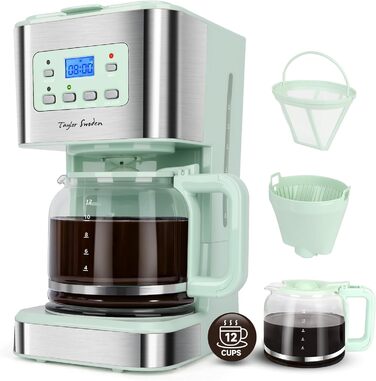 Кавомашина Taylor Swoden Darcy 950W з таймером, 1.5л, 12 чашок, автоматичне відключення, захист від протікання, багаторазовий фільтр, BPA-free, зелена