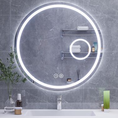 Дзеркало для ванної кімнати HySail з підсвічуванням, 5 мм, висока роздільна здатність, срібне покриття, 3 колірні температури та регульована яскравість, настінне дзеркало з сенсорним вимикачем та антизапарюючим покриттям, кругле (3 кольори + регулювання +