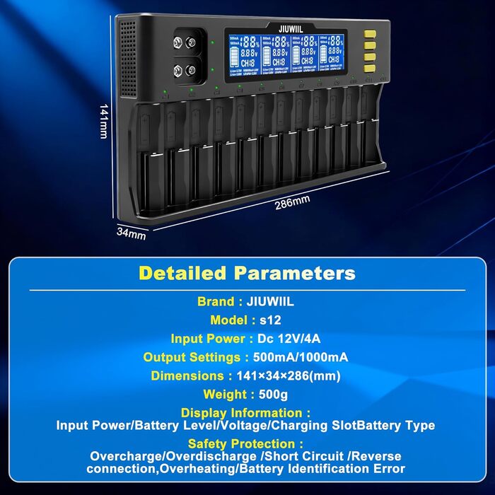 Зарядний пристрій для акумуляторів 18650 JIUWIIL з LCD-дисплеєм, універсальний, 12+2 слоти, для Li-Ion, LiFePO4, 26650, 17500, 16340, 18650, 14500, 10440 та 9V акумуляторів