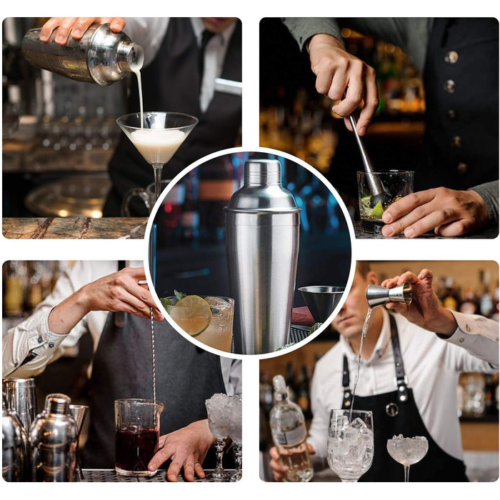 Набір шейкер для коктейлів, 5 предметів, 750 мл, нержавіюча сталь, професійний барменський набір, комплект для приготування Мартіні, барний інструмент для дому, з книгою рецептів (сріблястий)