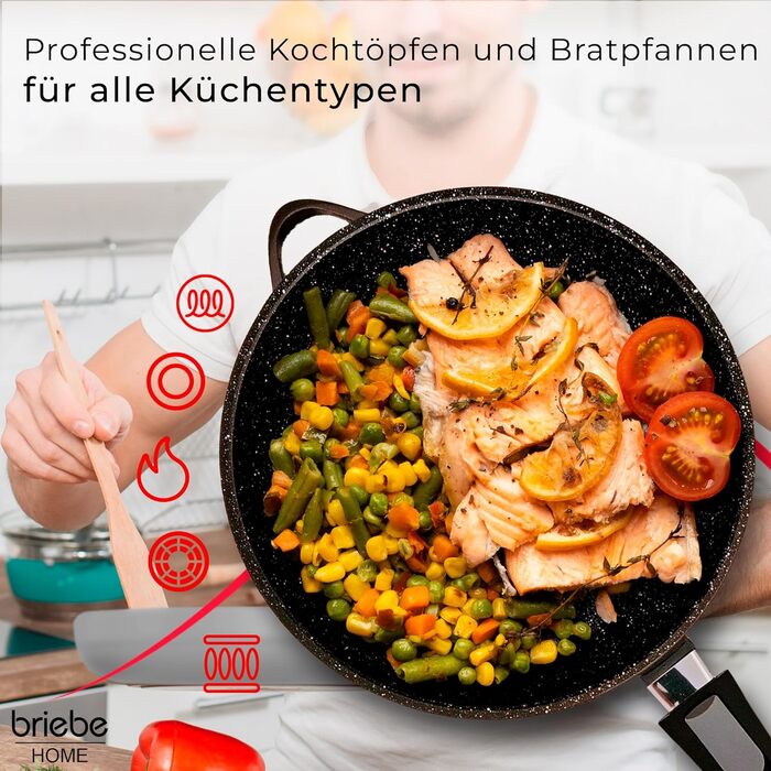 Набір посуду Induktion BRIEBЕ 12-ти частинний: 4 казани з алюмінію, 2 сковорідки з антипригарним покриттям ILAG GRANITEC (без PFOA), кришки зі скла, рукавички з силікону. Підходить для індукційних, газових плит та духовки.