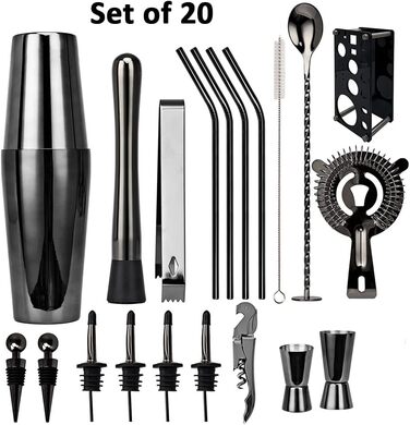 Набір для коктейлів Hansum, 20 предметів, нержавіюча сталь, чорний – професійний барменський набір зі стійкою