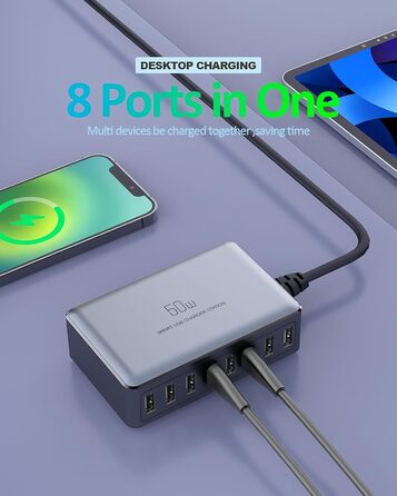 Зарядний пристрій USB 50W мережевий адаптер 8 портів для iPhone 15/14/13/12 Pro Max, iPad, Samsung, Google Pixel - Чорний