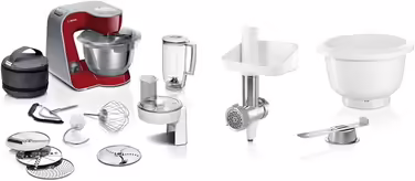 Кухонний комбайн Bosch Serie 4 MUM5X720 з вагою, м’ясорубкою, комплект BakingSensation, пластикова чаша, темно-червоний/сріблястий