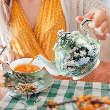 Порцелянова чайник з кістяної порцеляни 1 л Vintage Floral, біла троянда, для чаю та кави, подарунок для чайної вечірки