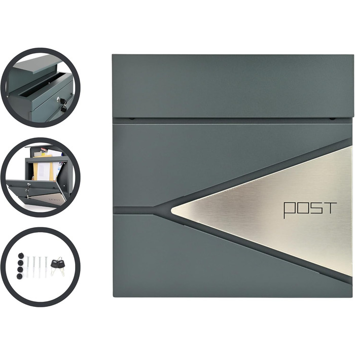 Поштовий ящик Verda з газетницею, антрацит, 37x37x11 см, 2 ключі, настінний, з XL газетницею, замикається