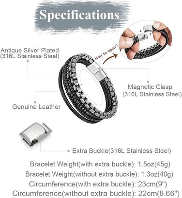 Чоловічий шкіряний браслет Murtoo з нержавіючої сталі: чорний та коричневий, магнітний замок 20 см