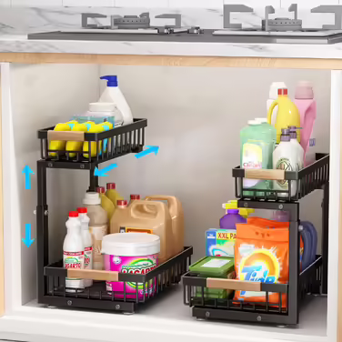 Metal Kitchen Cabinet Organizer 2 Tier, Adjustable Height Under Sink Shelf Bathroom Vanity Under Sink Cabinet with 2 Sliding Drawers, Cleaning Supplies Dish Soap Organizer for Household, Bathroom (2)