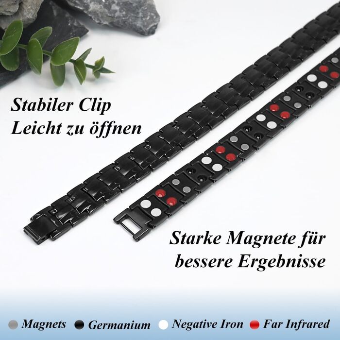 Браслет магнітний чоловічий Vicmag з титанової сталі, подвійна лінія магнітів, регульований, з інструментом та подарунковою коробкою (Чорний, 4 елементи)