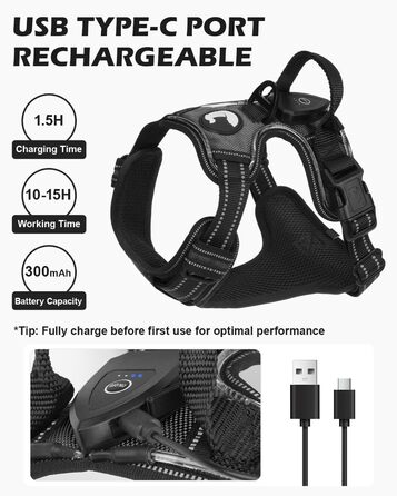 Світловідбиваючий нашийник для собак Joytale з LED, перезаряджуваний, для середніх собак, не тягне, з ручкою, регульований, для нічних прогулянок, чорно-синій, M (1 шт.)