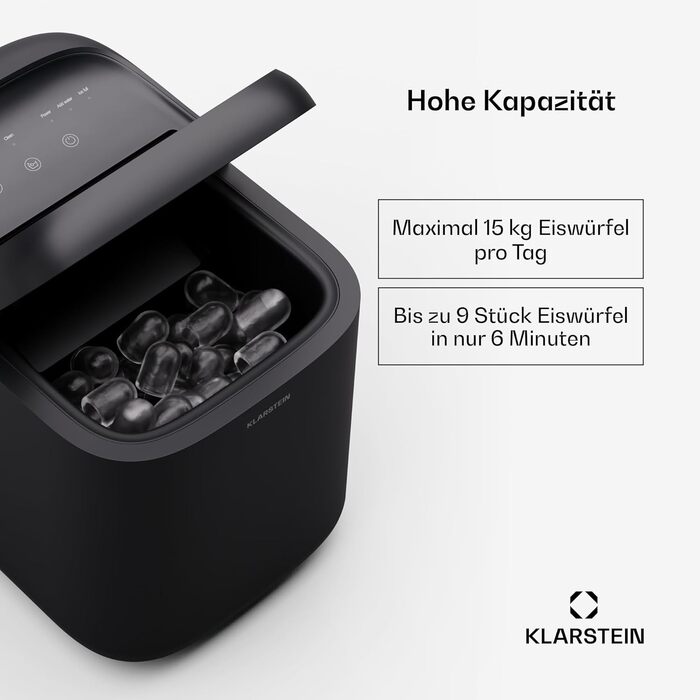 Льодогенератор Klarstein On-The-Rocks - 12 кг/24 год, 2 розміри кубиків льоду, самоочищення, чорний