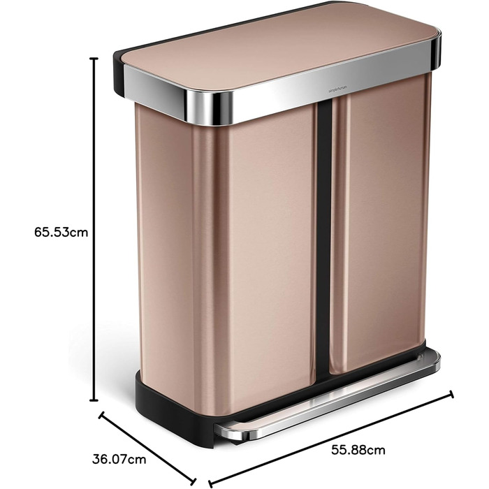 Simplehuman відро для сміття 45 л з педальним механізмом, з відділенням для пакетів, для кухні, з нержавіючої сталі, сірий кришка