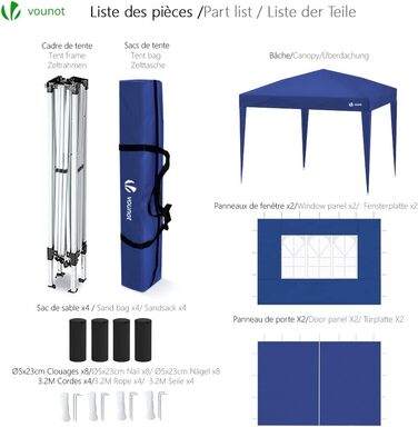 VOUNOT® Pavilion 3x3m with 4 Side Walls & 4 Sandbags, Pop-Up Folding Pavilion, Foldable Garden Tent Party Tent, including Bag, Grey (Blue+4 Side Walls)