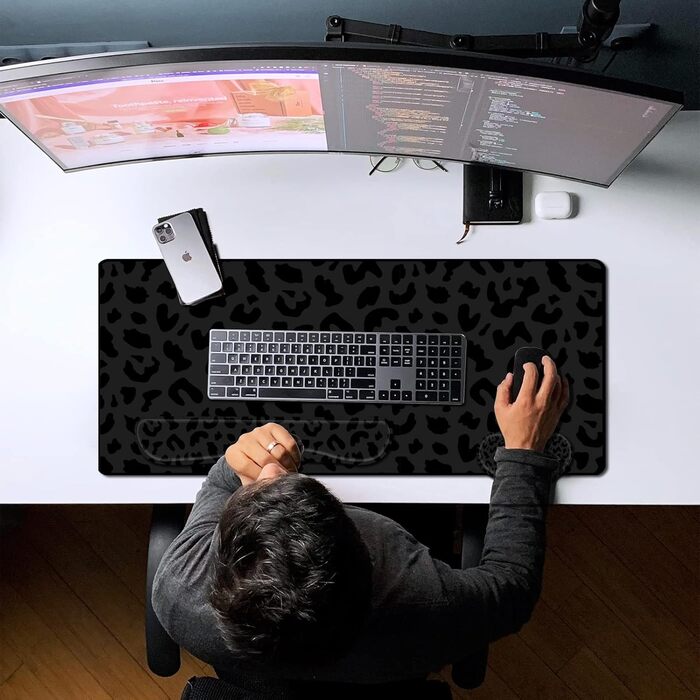 Килимок для миші 3-в-1 з підставкою для зап'ястя та клавіатури, 80x40 см, антиковзаюча основа, чорний леопардовий принт, для геймерів, дому та офісу