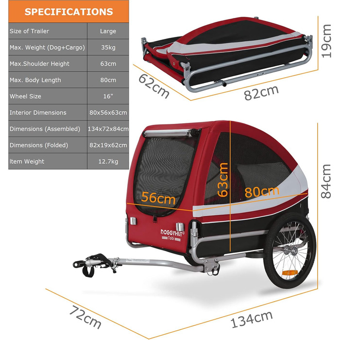 DOGGYHUT® Tobi - великий велопричіп для собак, до 35 кг, червоний