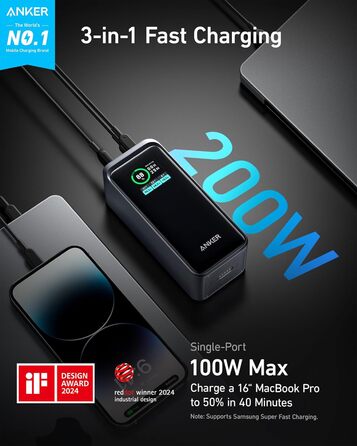 Power Bank Anker Prime 200W, 20000 mAh, Чорний: Швидка зарядка для iPhone, Samsung, MacBook та ін.