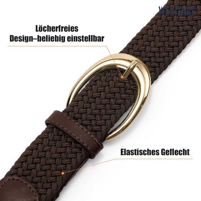 Жіночий/Чоловічий тканинний ремінь WERFORU з плетінням та еластичною смугою, 110/130 см, пряжка кольору кави-золота