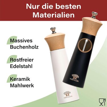 Plastic-Free Salt and Pepper Grinder with Coaster | Spice Grinder Set made of Solid Wood with Stepless Stainless Steel Mechanism and Ceramic Grinder | White & Black