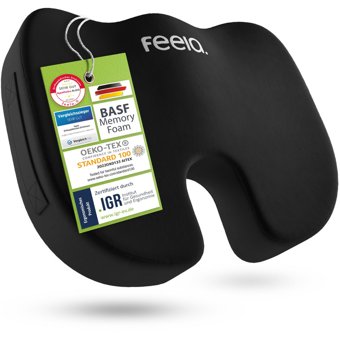 Ортопедична подушка для сидіння Feela® [3 ступені жорсткості] - Переможець тесту – Ергономічна подушка для офісного крісла та авто – Зменшує біль, знімає навантаження з куприка, покращує кровообіг (Medium) Medium (60-80 кг) Чорний