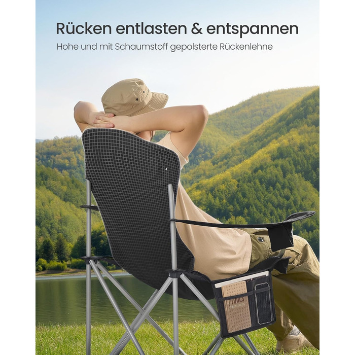Кемпінговий стілець SONGMICS складаний, широкий, з високою спинкою, чорно-сірий GCB005BH01 - для пікніка, відпочинку на природі, з підсклянником та органайзером