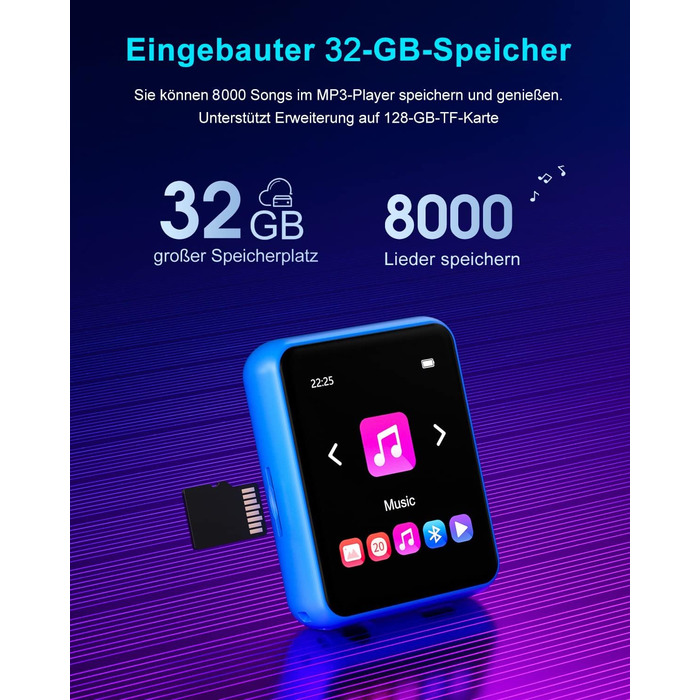 MP3 плеєр 32GB Bluetooth 5.0 з сенсорним екраном, Hi-Fi звук, металевий корпус, радіо, диктофон, підтримка до 128GB - блакитний