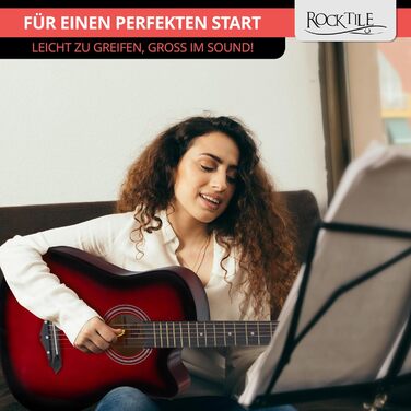 Rocktile WSD-5C-RDB: Акустична гітара Вестерн Slim Line - комплект з чохлом, струнами, ремінком та медіатором. Корпус з липи, гриф з катальпи. Колір: Redburst