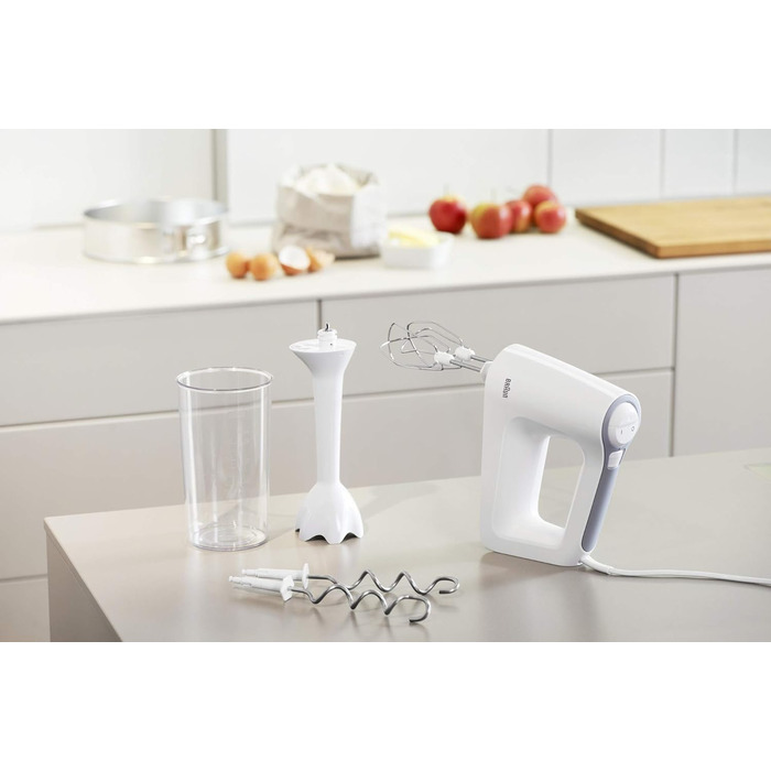 Braun MultiMix 3 HM 3105 Hand Mixer – Handheld Mixer with 5 Speed Settings & Turbo Function, including Whisk, Dough Hooks, Immersion Blender, and 600 ml Mixing and Measuring Cup, 500 Watts, White. MultiMix 3 - includes Whisk, Dough Hooks, Immersion Blender & Mixing and Measuring Cup