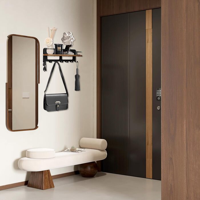 Дерев'яне ключове дошка JiangLin з полицею, декоративний тримач для ключів, настінна організація для ключів з 7 гачками, для входу, коридору, вітальні, чорний