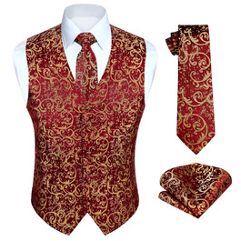 Костюм чоловічий HISDERN: жилет, краватка, кишеньковий хустинка з візерунком павазочок, бургунді XXL