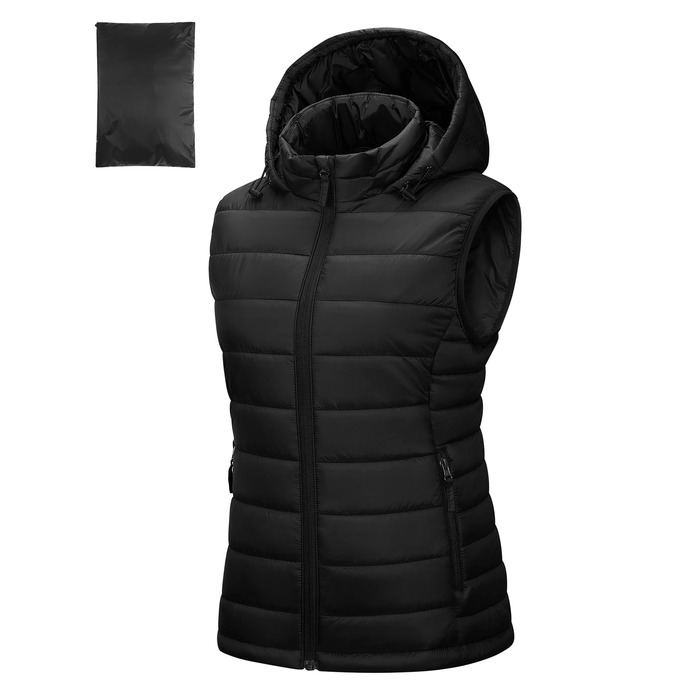 Стьобана жилетка Outdoor Ventures для жінок з капюшоном: тепла спортивна жилетка для походів, кемпінгу та велоспорту, чорна, розмір M