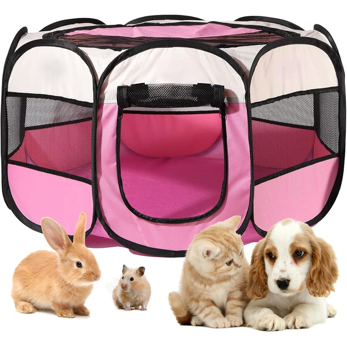 Клітка-загон для собак та котів 73x73x43 см, рожева, портативна, для внутрішнього та зовнішнього використання