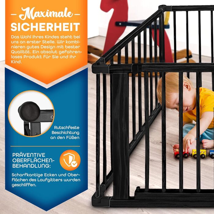 Дитячий вольєр KIDUKU® XXL, 7,2 м, розкладний, з дверцятами | Безпечний вольєр для дитини з подвійним замком | Захисний бар'єр для малюків з 8 елементами, білий/натуральний (чорний)