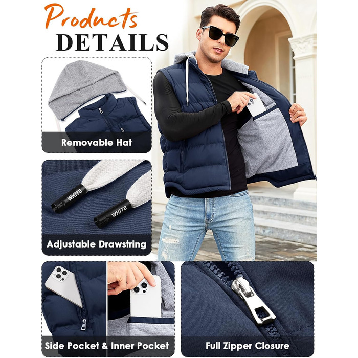 Чоловіча степна жилетка Vancavoo з капюшоном, тепла зимова жилетка для активного відпочинку, спортивна жилетка, перехідна куртка (темно-синій, L)