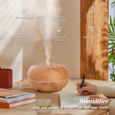 Дифузор Aroma Simpeak 550мл, ультразвуковий аромадифузор з дерева для ефірних олій, зволожувач повітря з пультом дистанційного керування, світло-коричневий