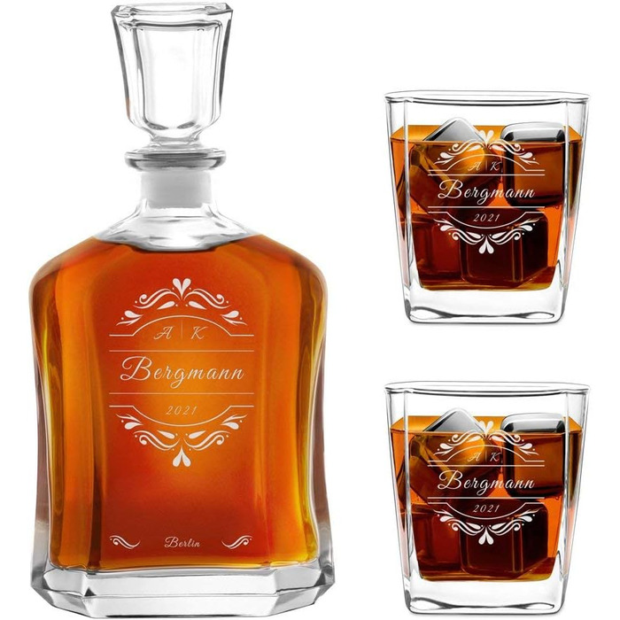 Maverton Whiskey Decanter + 2/4/6 Whiskey Glasses Set with Engraving - 700ml Whiskey Decanter - Christmas Gifts - Anniversary Gift for Couple - Monogram