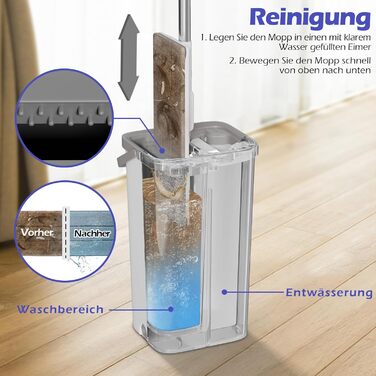 Набір для миття підлоги з відром, вичавлювач для підлоги, набір мопів 2 в 1 з регульованою ручкою з нержавіючої сталі та 6 мікрофібровими насадками, підходить для плитки та ламінату (моп з відром - білий)