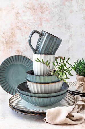 MÄSER Confino Dinnerware Set - 20 Piece Ceramic Dinner Set for 4 - Vintage Style with Black Accents (Petrol Color)