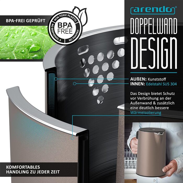 Набір Arendo: чайник та тостер, нержавіюча сталь, бежевий. Чайник 1,5л з підігрівом, тостер на 4 тости з LED-дисплеєм та 6 рівнями підсмажування