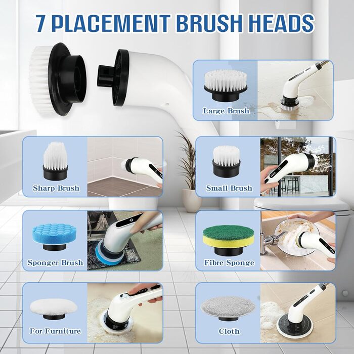 Електрична ротаційна щітка для прибирання будинку, набір з акумулятором, для ванної кімнати, з 7 змінними насадками, скребок для плитки, пристрій з регульованою ручкою, для підлоги та авто