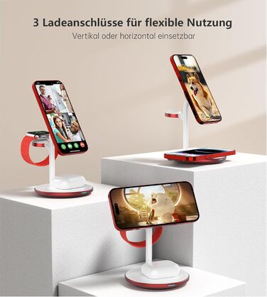 3-в-1 Бездротова Зарядка для Багатьох Пристроїв: iPhone, iWatch, AirPods, 15W, MagSafe, Колір: Маджента