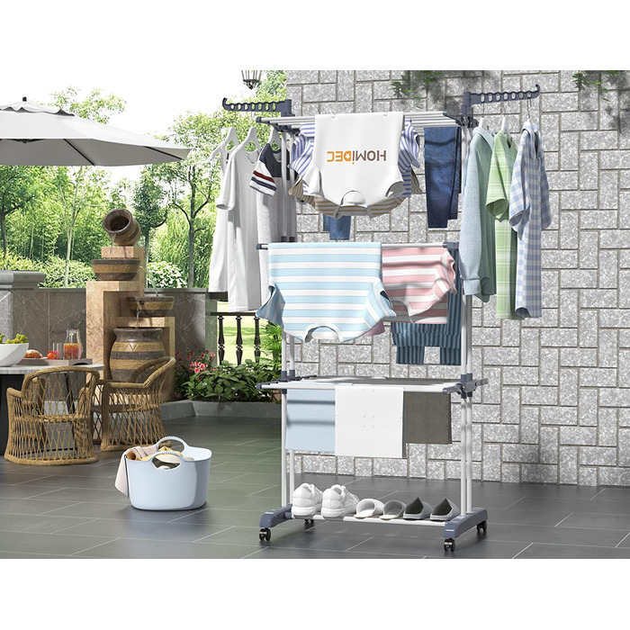 HOMIDEC Clothes Drying Rack Clothes Dryer Tower with Wheels, Space-Saving - with 6 Folding Wings and 2 Swivel Side Wings, Stainless Steel Standing Dryer Clothes Tower for Indoor and Outdoor Use, Grey Grey XL
