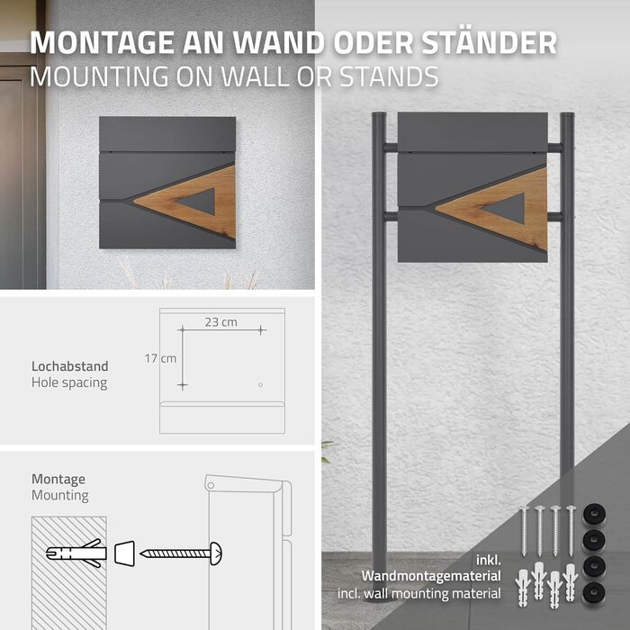 Поштовий ящик ML-Design 37x36,5x11 см антрацит/під дерево, сталевий, з газетницею, замок на 2 ключі, сучасний настінний дизайн