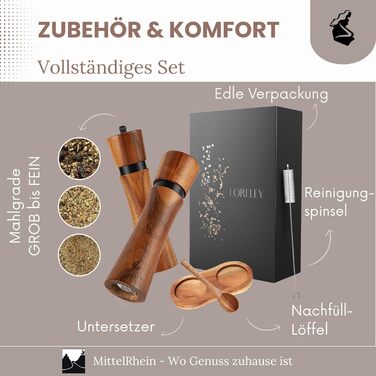 Дерев'яна мельниця для солі та перцю LORELEY® Mittelrhein Germany з керамічним механізмом – з підставкою та пензлем – у подарунковій коробці. Ідеальний подарунок на весілля або новосілля (Deluxe з нержавіючої сталі)