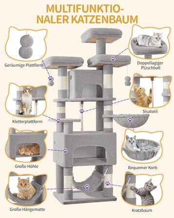 Кігтеточка для котів Hzuaneri, 176 см, XL, 3 платформи, 2 печери, 7 стовпчиків, гамак, плюшеві кульки, для багатокотових домівок, MS17618SG (Світло-сірий)
