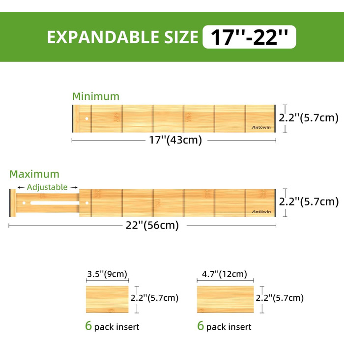 ANTOWIN 4 Pack Expandable Drawer Dividers, 5.7CM, extends from 43CM to 56CM, Drawer Organizers for Kitchen, Bedroom, Office, Bathroom (Natural)