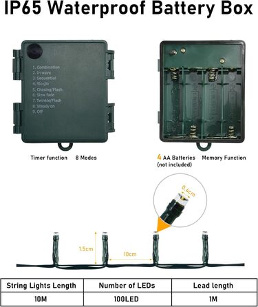 Ланцюжок прикрас (гірлянда) на батарейках, 30м, 300 LED, для внутрішнього та зовнішнього використання, з таймером, 8 режимів, водонепроникна, тепле біле світло, зелений кабель, для декору на Різдво, в сад, на вечірку