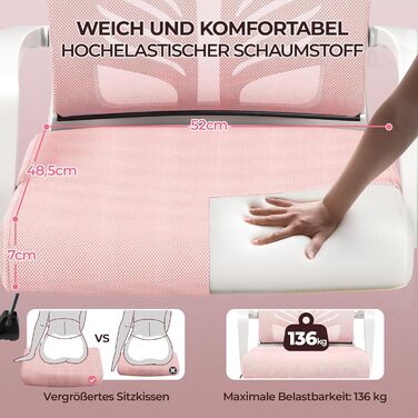 Ергономічне крісло Yaheetech для офісу та дому, з регулюванням висоти та функцією гойдання, обшите м'яким сидінням, для робочого кабінету/офісу, світло-рожеве